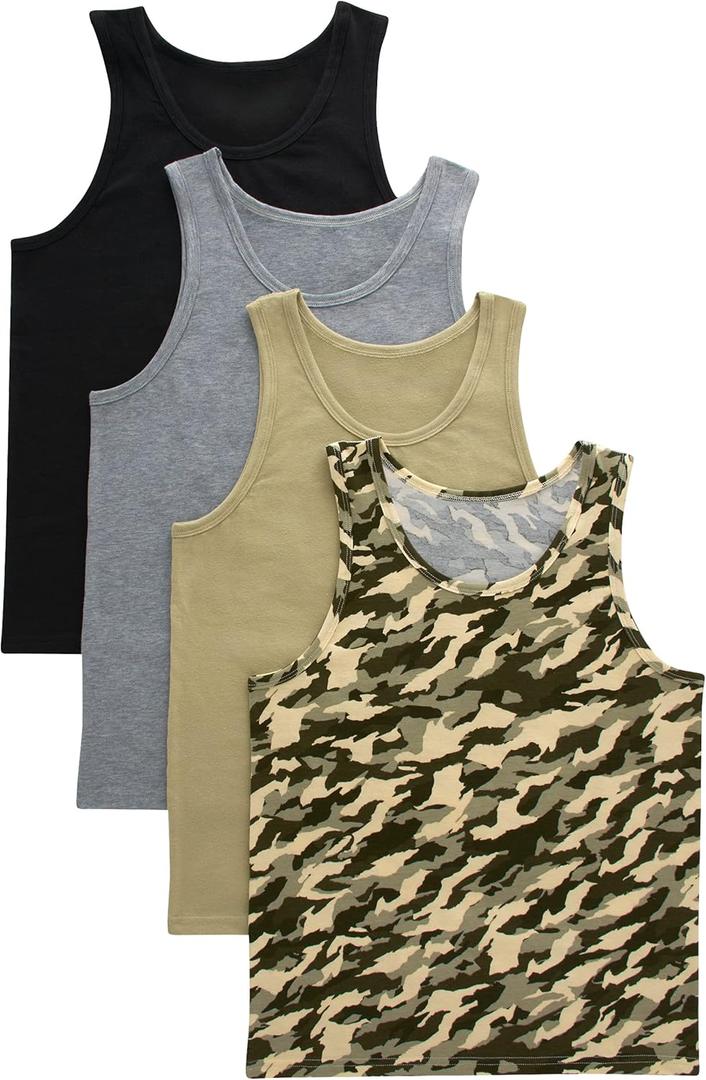Hanes Boys' Tank Undershirts, Moisture Wicking Cotton Stretch, Assorted 4-Pack (Large, Black/Gray/Camo Assorted)