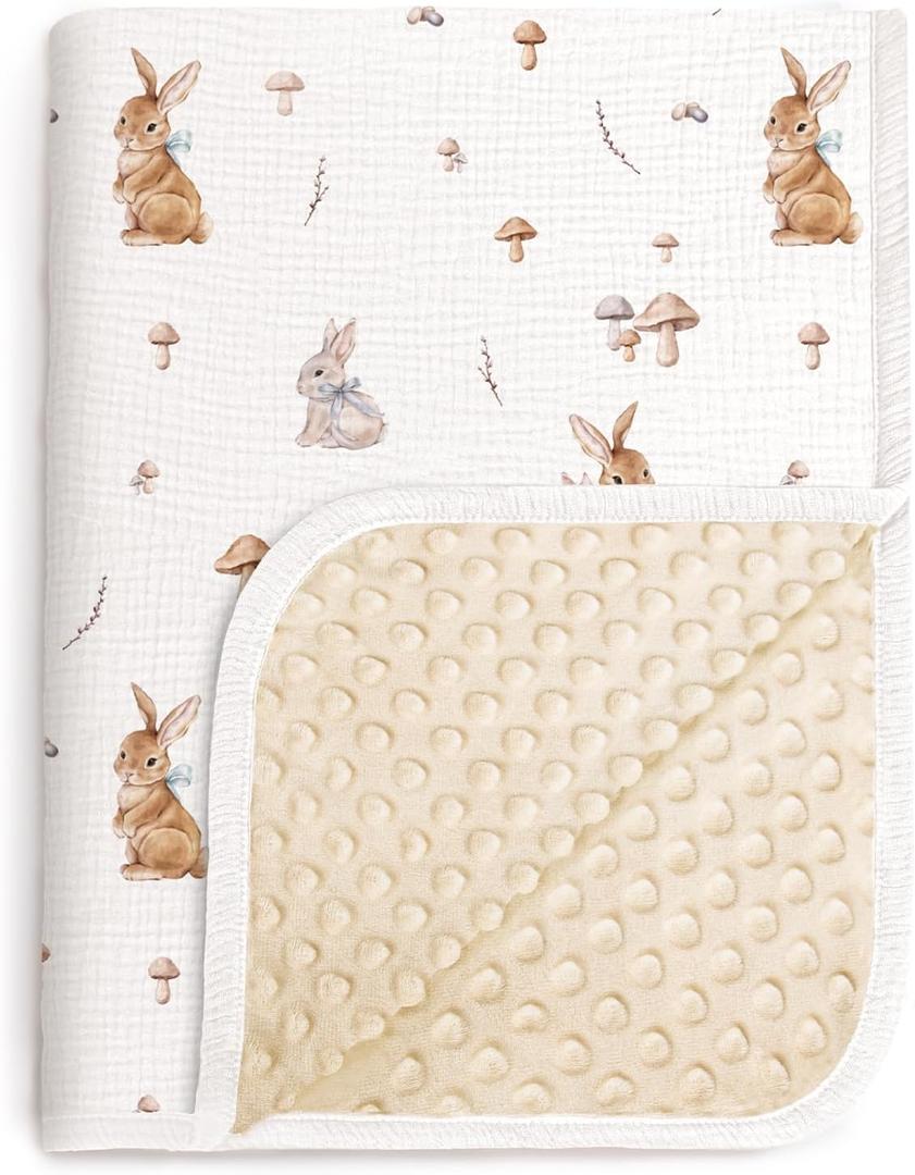 lulumoon Baby Blankets for Newborn Unisex: Thermal Minky Dotted Backing with Bunny Print - Muslin Receiving Blanket for Baby Essential & Registry Gift 30"x40"(Bunny)