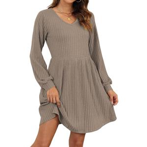 AUSELILY Womens Fall Dress 2025 Long Sleeve V Neck Short Dress Lightweight Casual Knit Sweater Dresses with Pockets, Coffee, Large