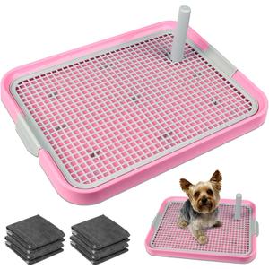 Dog Potty Tray Toilet 20"x14" Doggy Bathroom Dog Litter Box, Indoor Pee Pad Holder with 8pcs Training Pads, Puppy Pee Mesh Potty Training Tray with Secure Latch, Dog Potty Pan for Small Medium Puppies (Pink)