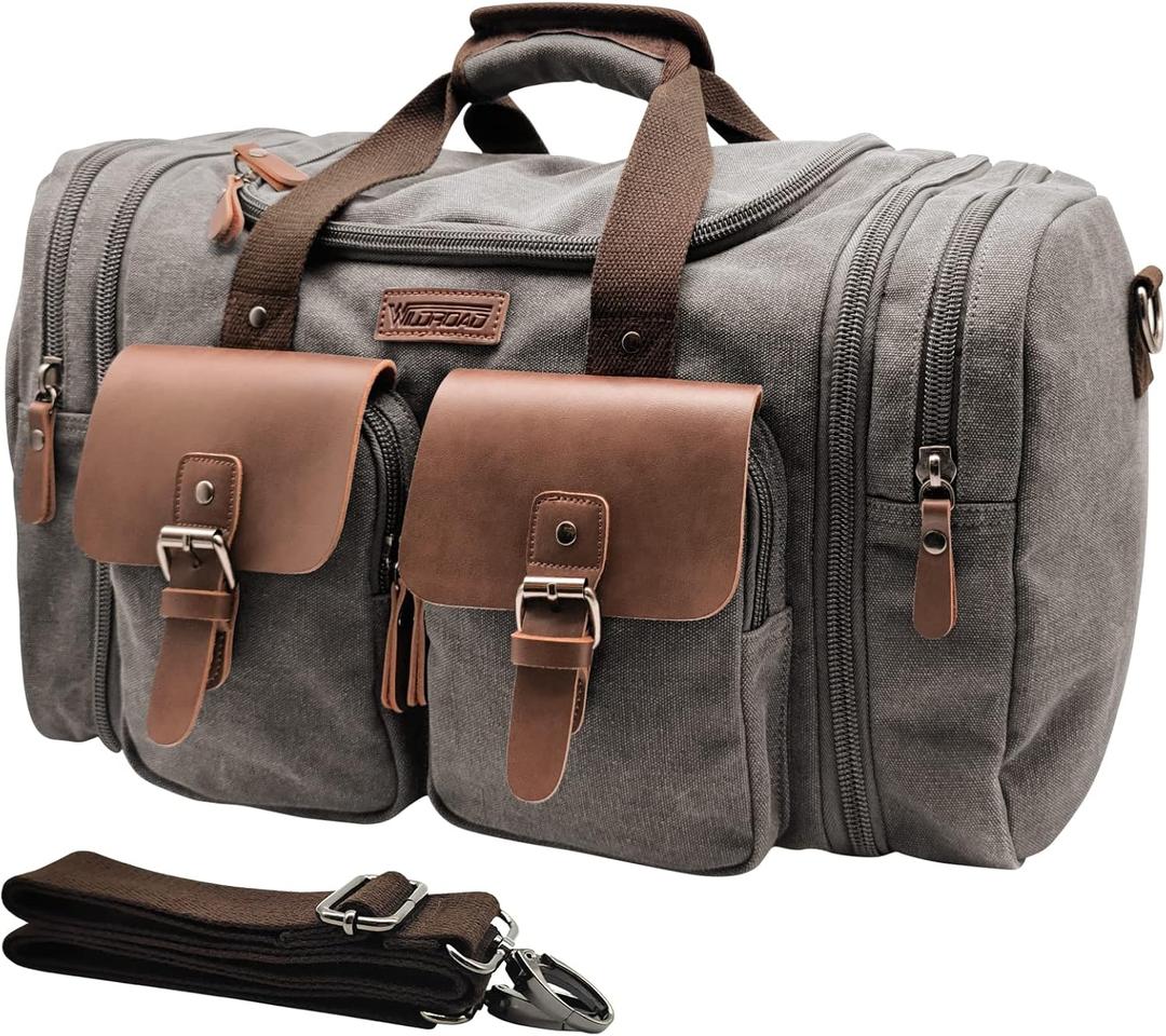 Wildroad 50L Travel Duffel Bag, Expandable Canvas Genuine Leather Duffle Bag Upgraded Overnight Weekender Carry on Bag (Grey)