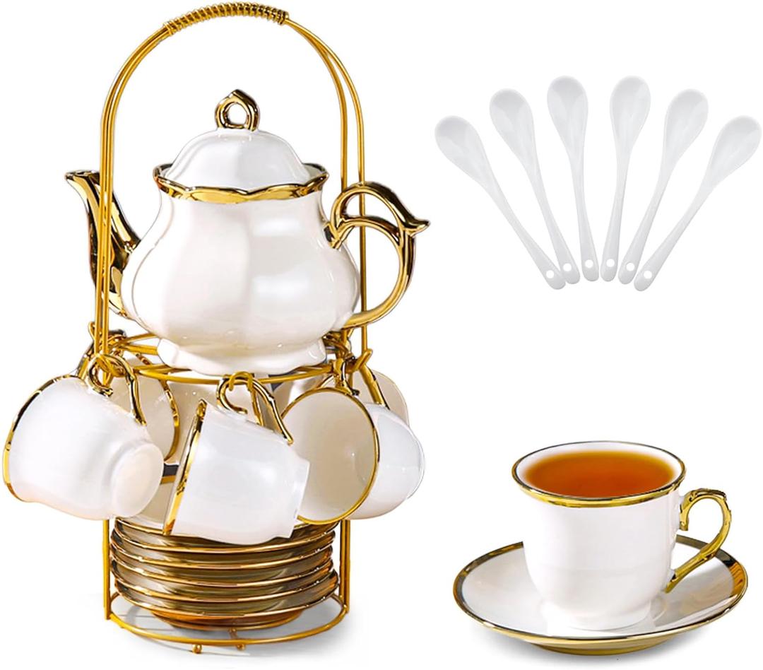 20 Pcs Porcelain Tea Set with Metal Holder, European Ceramic Tea Set for Adults, Coffee Tea Gift Sets, French Tea Cup Saucer Set for Party With Gold Trim (French White)