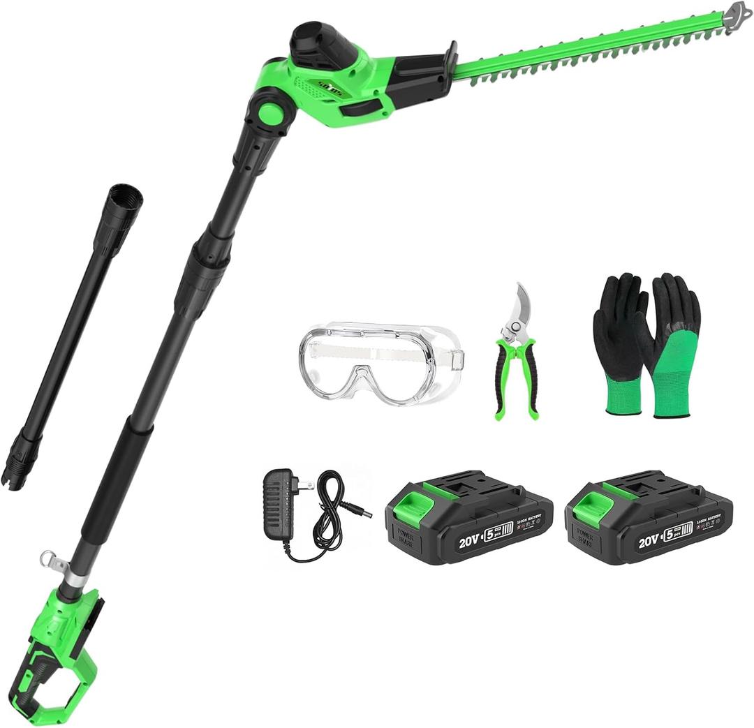 SOYUS Pole Hedge Trimmer Cordless, 18-inch Electric Hedge Trimmer with Extension Pole, 16-Foot Max Reach, Multi-Angle, 2 * 2.0Ah Batteries and Charger Included (Pole Hedge Trimmer + 2 Batteries)