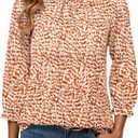 SimpleFun Womens Blouses 3/4 Sleeve Ruffle Neck Printed Business Casual Tops Flowy Dressy Work Shirts (XL)