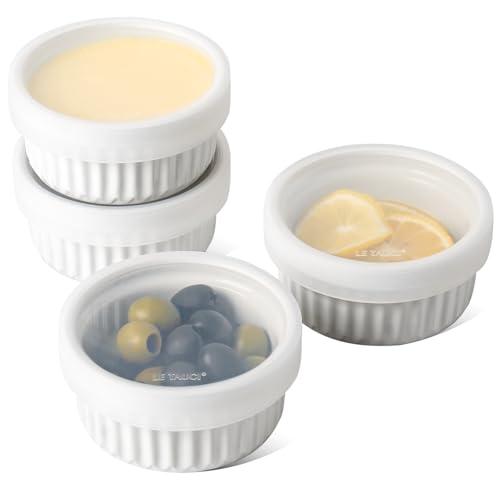 LE TAUCI Ramekins with Silicone Lids, 4 OZ Ceramic Soufflé Dishes, Ramekin Bowls for Crème Brûlée, Dessert, Dips, Oven & Microwave Safe, Set of 4, White