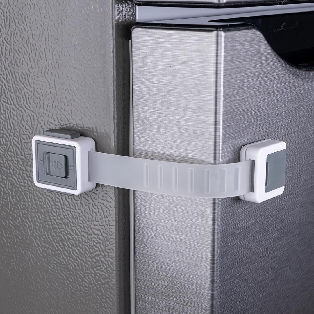 2-Pack Child Proof Fridge Lock with Adhesive - Adjustable Baby Proofing Straps - Refrigerator Lock for Kids - Freezer Latch to Keep Door Closed - for Toddlers, Cats, & Dogs - Universal Compatibility