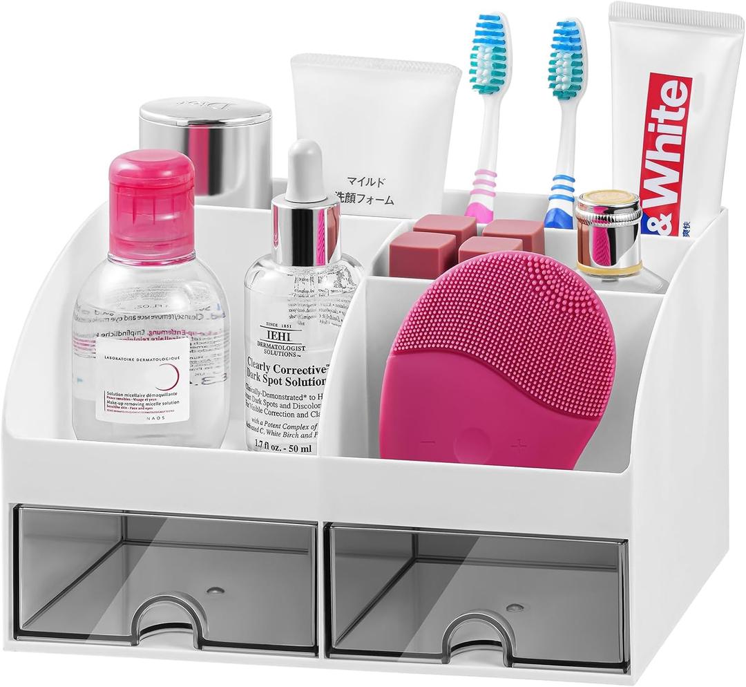 VITVITI Toothbrush Holders for Bathrooms Countertop, 5 Slots Toothpaste Bathroom Counter Sink Organizer with Drawers, Plastic Bathroom Organizer for Vanity/Makeup/Office White