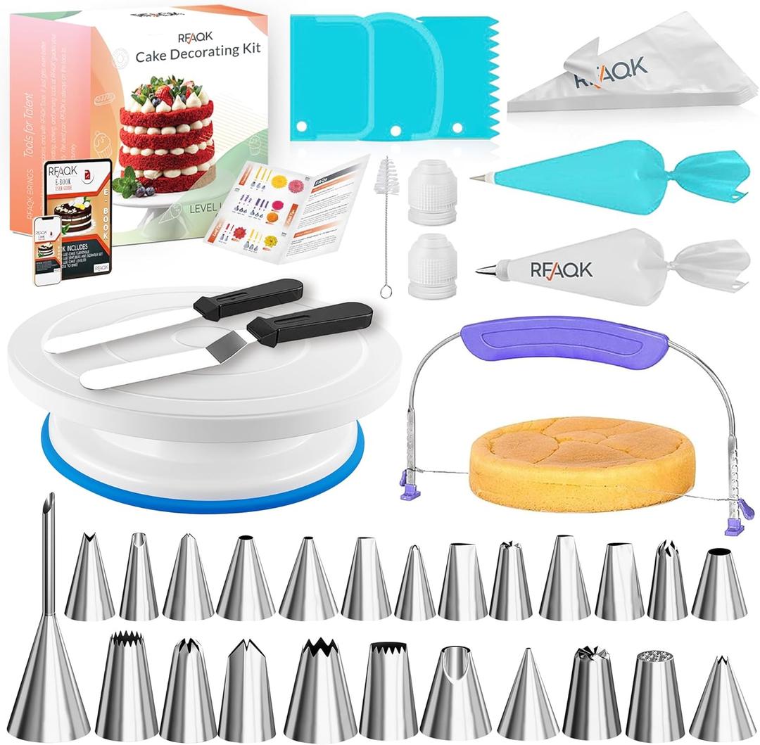 RFAQK 90PCs Cake Decorating Kit with Leveler, Baking Supplies Gift Includes Cake Stand Turntable, 24 Numbered Icing Tips, 55+1 Piping Bags, 2 Frosting Spatulas, 3 Scrappers, Video Course & Booklet (Blue)