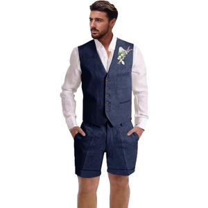 Mens Linen Suit 2 Piece Short Suits for Men Casual Summer Beach Wedding Suit Linen Vest Shorts Set (Blue, L)
