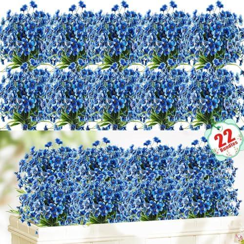 22 Pack Artificial Flowers Outdoor Fake Plants, Faux Flowers UV Resistant with Plastic Plants, Faux Silk Flowers for Outdoors Outside Front Porch Hanging Planter Window Box Garden Decoration(Blue)