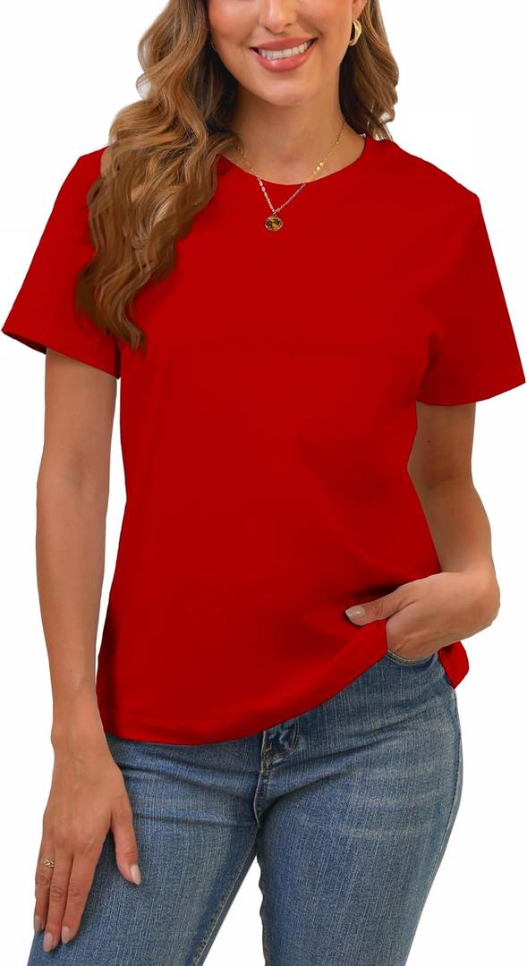 Cotton Basic T Shirts for Women,Crew Neck Short Sleeve Summer Shirts,Solid Loose Fit Tshirt, Plain Workout Tops, Undershirts (Red, XL)