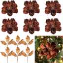 12 Pcs Christmas Magnolia Picks Set 6 Magnolia Flower 6 Golden Leaves Picks Glitter Artificial Flower for Christmas Tree Wreath Decor Floral Ornaments for Xmas Party Holiday(Brown)