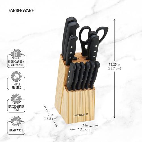 Farberware 12-Piece Never Needs Sharpening Triple Rivet High-Carbon Stainless Steel Knife Block, Black, Durable ANDPrecision Cutlery