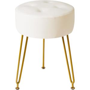 IBUYKE Faux Leather Round Footrest Stool, Makeup Vanity Stool Side Table, PU Dressing Table Seat, Pouf Couch Stool, Golden Steel Legs, White LG-31W