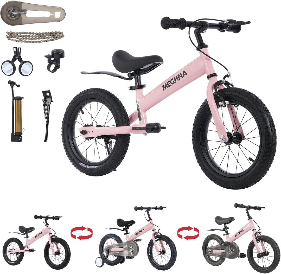 3-in-1 Montessori Balance Bike with Pedals,Tri-purpose of Kids Balance Bike/Toddler Tricycle/Bike，for 2 3 4 5 6 7 Years Old-14 inch balance bike with Pedal Conversion,Training Wheels,Brakes,Candy Pink 