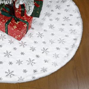 72 Inches Christmas Tree Skirt - Vonhen White Faur Fur Xmas Tree Skirts for Christmas Tree Holiday Party Decorations with Sequin Silver Snowflakes