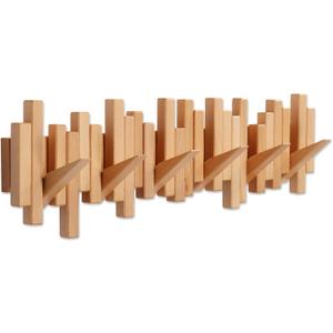 Wooden Coat Rack Wall Mounted Sticks Multi Rack Solid Handmade Natural Beech Wood Artwork with 6 Flip-Down Unique Modern Hooks for Coats Bag Hat Umbrella