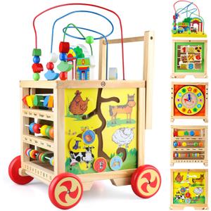 Wooden Activity Cube 6 in 1 Montessori Educational Learning Sensory Toys for 1 Year Old 12-18 Months Boys Girls First Birthday Gifts for Baby Toddler Toys Age 1-2 Bead Maze Shape Sorter Abacus