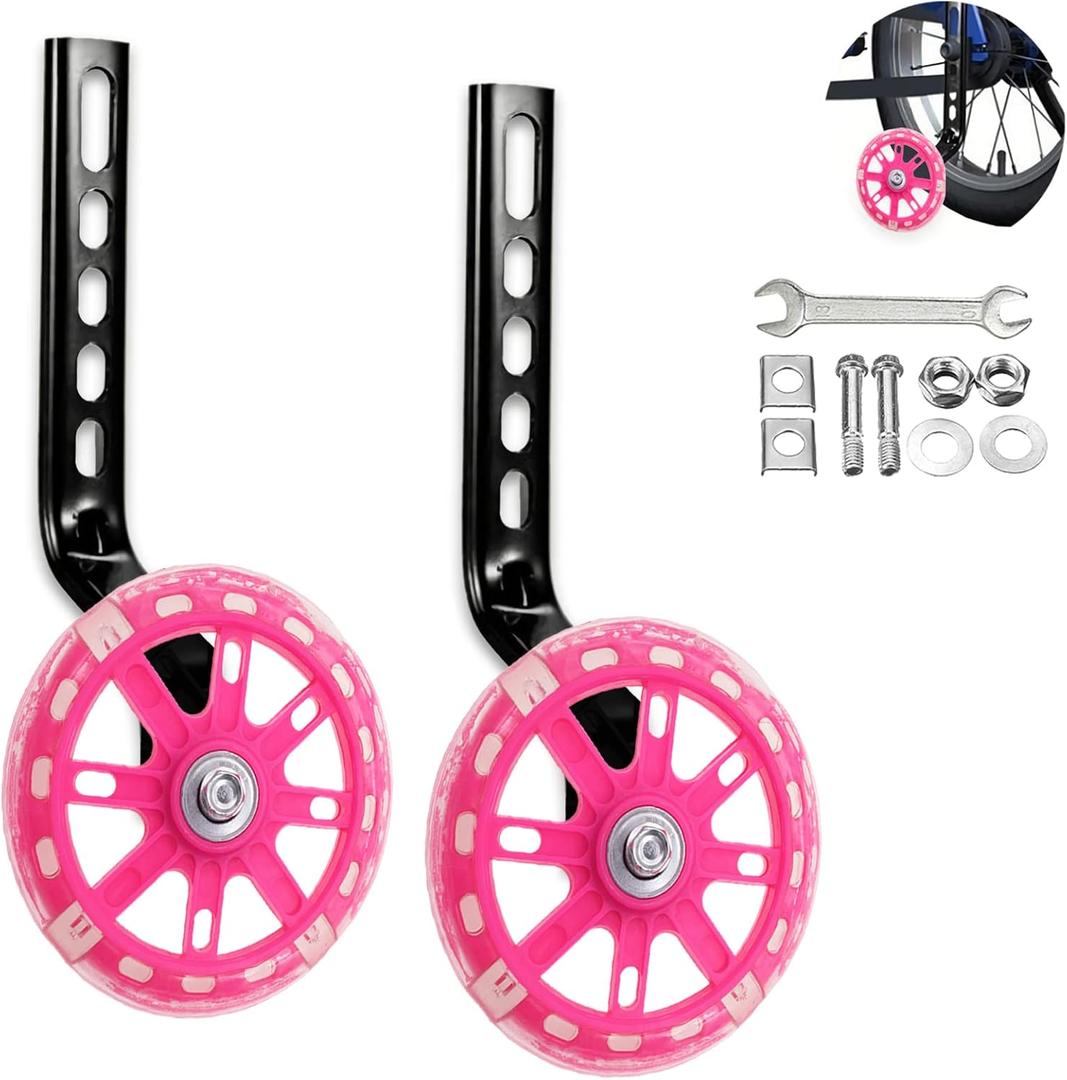 Training Wheels for Kids, Heavy Duty Bicycle Stabiliser Flash Mute Wheel Mounted Kit compatible for bikes 12 14 16 18 20 Inch - 1 Pair (Pink)