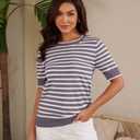 Womens Tops Summer Short Sleeve Shirts Striped Sweater Cute Casual Top Trendy Women Clothing Crewneck Knit Blouses (Gray, XL)