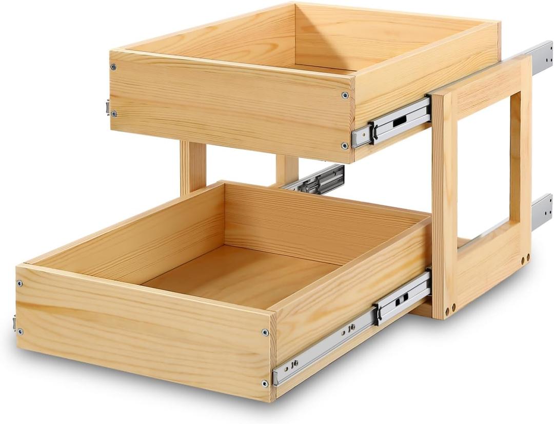 Mulush Pull Out Cabinet Organizer, 14''W21''D16''H Soft Close Slide Out Wood Drawer Shelves Storage for Kitchen, 2-Tier, Finished, Heavy-Duty, Bottom Assembly