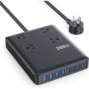 200W Charging Station,12-in-1 USB C Power Strip with Flat Plug and 5ft Extension Cord,4 AC Outlets,4 USB-A,4 USB-C Ports for iPhone 18/17/16/15,65W PD Fast Laptop Charger for MacBook, Home,Office,Dorm