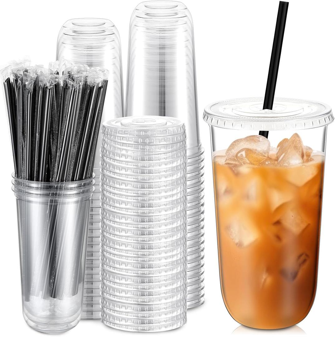 Ziliny 100 Set Clear Plastic Cups with Lids and Straws, Disposable Iced Coffee PET Cups for Drinking Cold Beverage Juice Parfait Smoothie Milkshake Coffee Shops Party Supplies (20 oz)