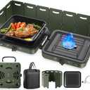 Camping Stove, 2 Burner Propane Stove With Grill,17,000 BTU Camp Stove, Foldable Camping Stove Propane Includes Carry Bag,Windscreen & Grill,Adjustable Burners & Piezo Ignition for Tailgating,BBQ,Camp (Green)