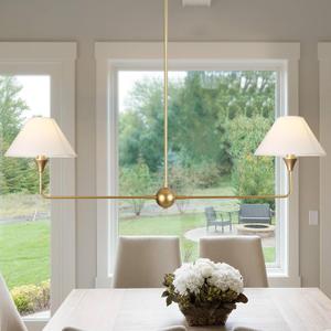 HuisMier Modern Linear Chandelier for Dining Room, 2-Light Gold Linear Kitchen Island Lighting with Off-White Fabric Shade, Rustic Pendant Light Fixture for Dining Room Restaurant Bedroom Living Room