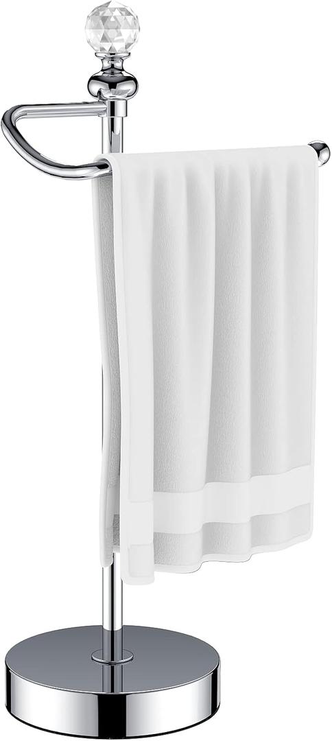 Heavy Weighted Towel Holder (with Crystal Ball) Standing Towel Holder - Total Height 15.7'' for Kitchen, Bathroom, Vanity - Classic Decorative Metal Hand Towel Stand, Polished Chrome