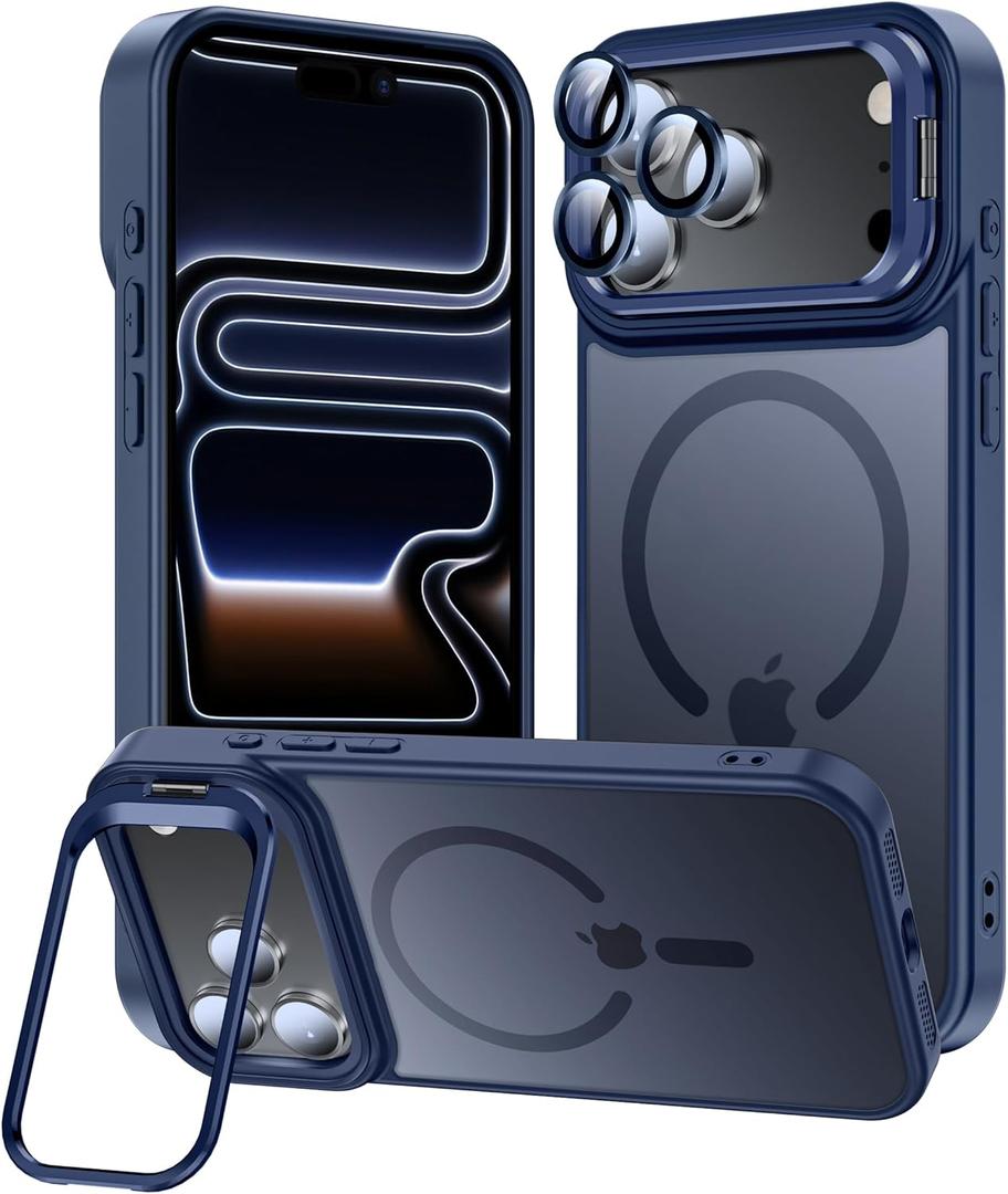 for iPhone 17 Pro Max Case, Fits MagSafe, with Built-in Camera Ring Stand & Lens Protector, Slim Translucent Matte Military-Grade Drop Protection Magnetic Cover, Deep Blue