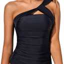 Tempt Me Women Tankini Top Swim Tops Ruched One Shoulder Bathing Suit Swimsuit Tops Only (Large, Black)