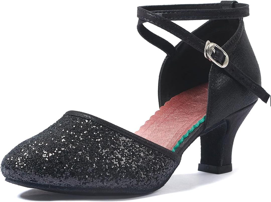iCKER Womens Latin Dance Shoes Heeled Ballroom Salsa Tango Party Sequin Dance Shoes (7.5, Black)