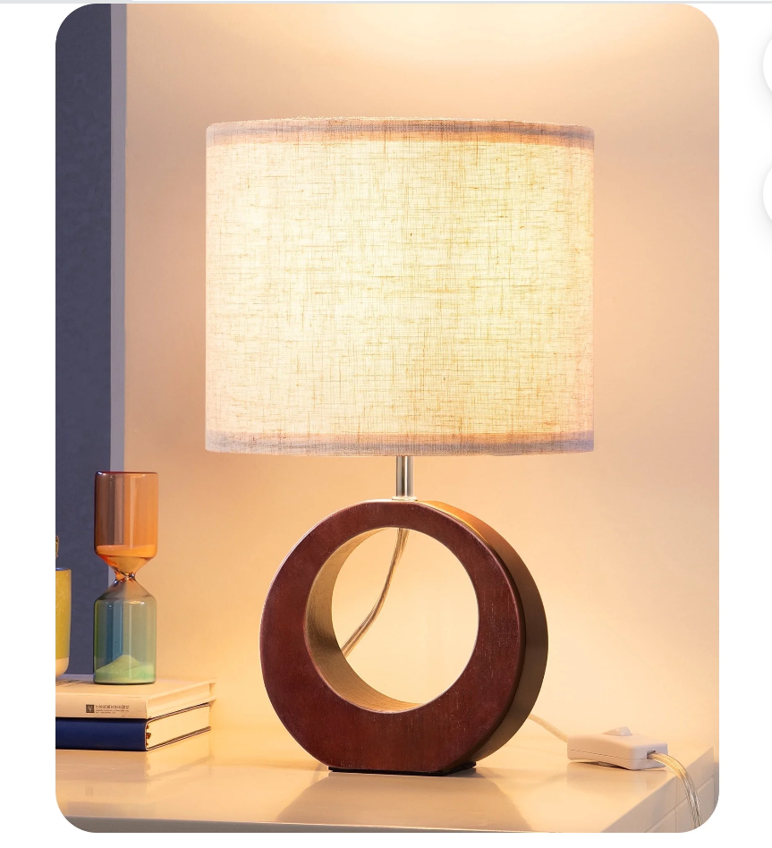 EDISHINE 13.4" Wood Table Lamp, Small Bedside Lamp with Beige Linen Lampshade & ON-Off Switch, E26 Base, Modern Nightstand Lamp for Living Room, Bedroom, Dark Walnut