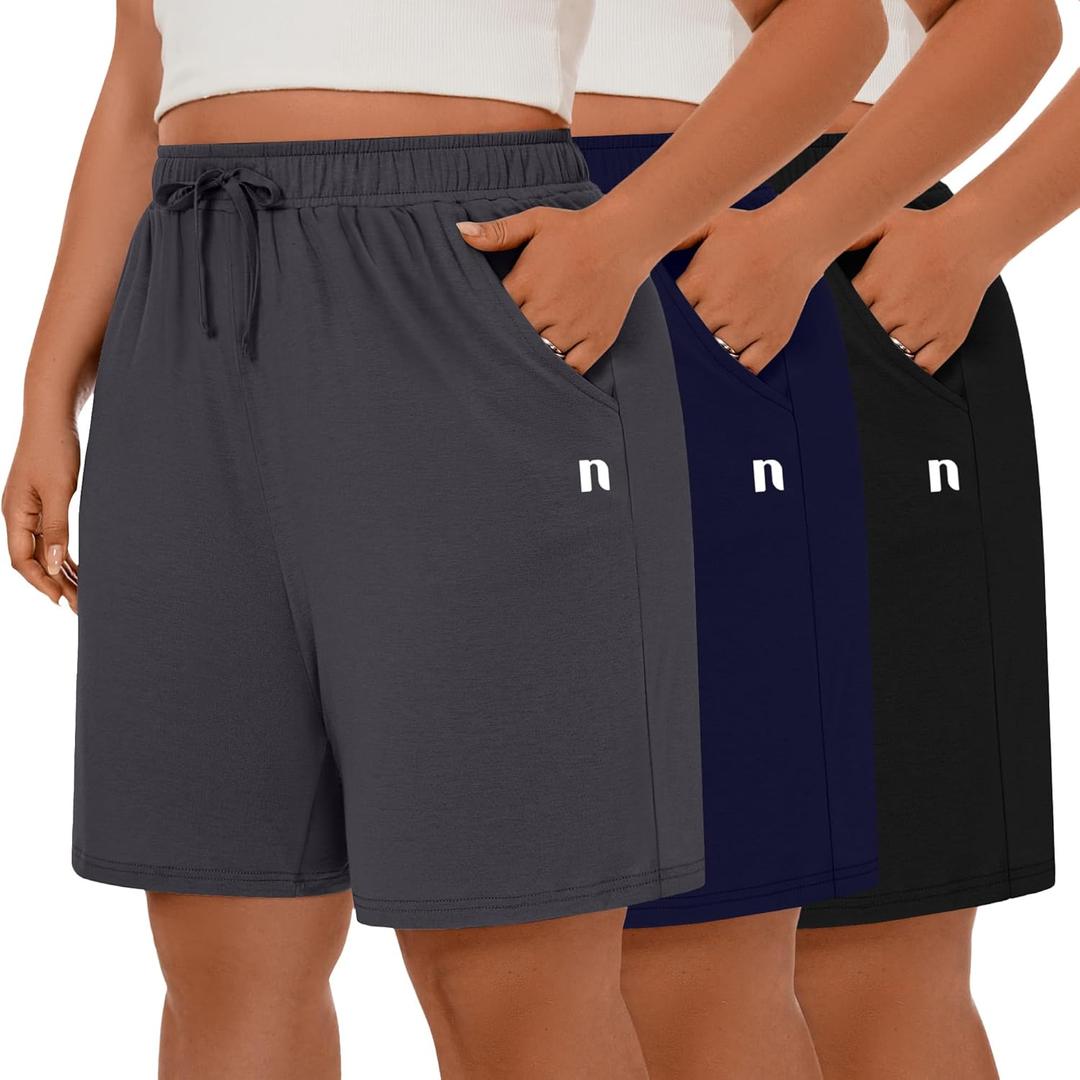 Neer 3 Pack Plus Size Women's Bermuda Shorts Cotton Drawstring High Waisted Casual Athletic Sweatpants Shorts with Pockets (4X-Large, Black, Navy Blue, Gray)