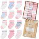 GOTS Certified Organic Cotton Rich Blend Baby Socks 12 Pairs For 0 - 6 (M) Baby Girl Soft, Stretchable & Comfortable Girl newborn Socks, Adorable Sock Shoes For Baby Girl, Gift For Little, Pink