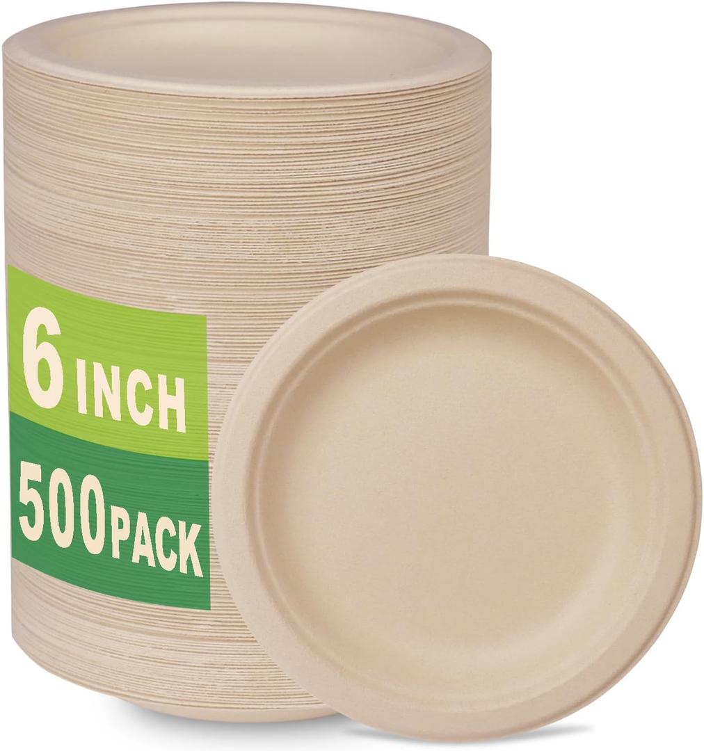 GreenWorks 500 Count 6 Small Compostable Dessert Plates, Heavy-duty Unbleached Biodegradable Bagasse and Bamboo fiber Paper Plates