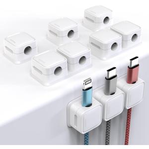 2 x Magnetic Cable Clips, 6 Pack 10-Slot Cord Organizer, Strong Phone Charging Cable Holder Clips, Wire Charger Keeper for Desk, Nightstand, Kitchen Appliances, Office Supplies (White)