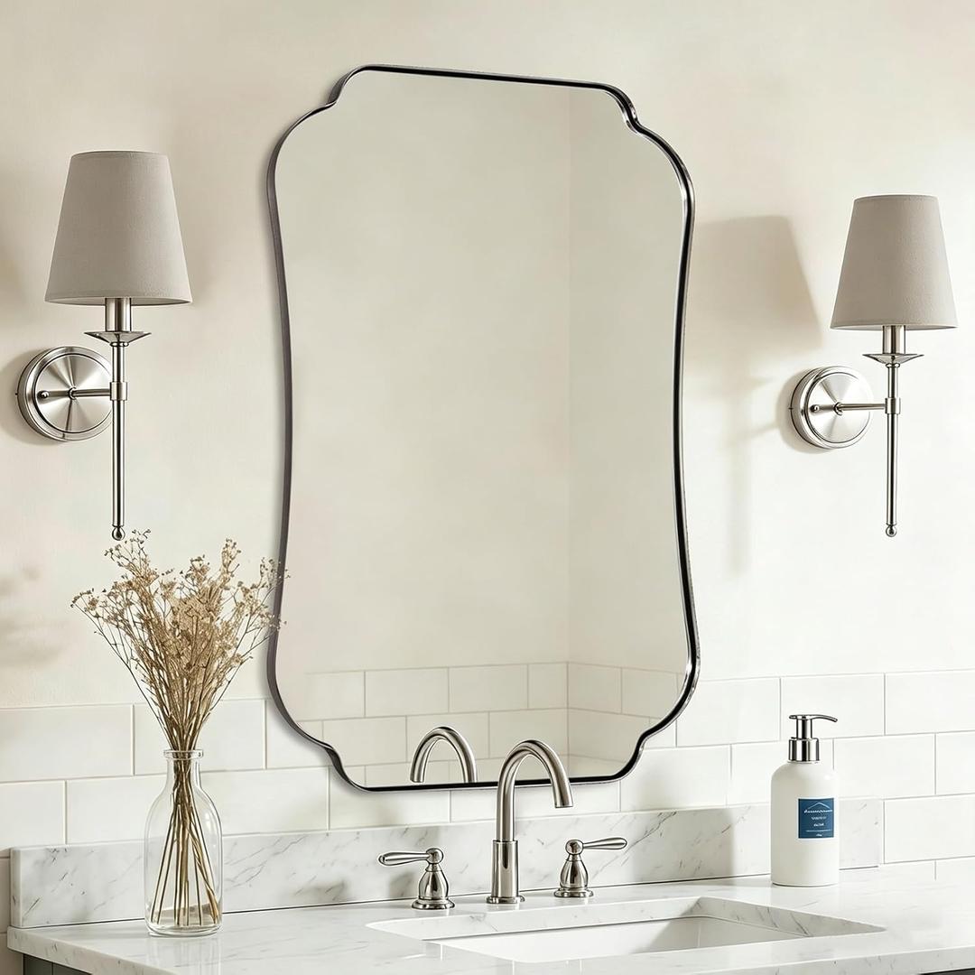 ANDY STAR 24"x40" Chrome Mirror, Scalloped Bathroom Wall Mirror in Anti-Rust Stainless Steel Metal Frame 1 Deep, Hangs Vertically/Horizontally