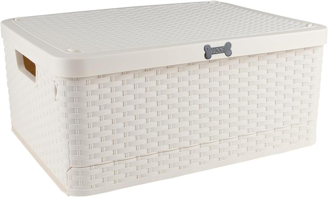 Collapsible Dog Toy Basket, Outdoor Dog Toy Bin with Handles, Dog Stuff Organizer Portable, Pet Storage Bin with Cover for Dog Toys Snack, Ideal for Camping, Dog Swimming, RV Trip, Picnic-Medium