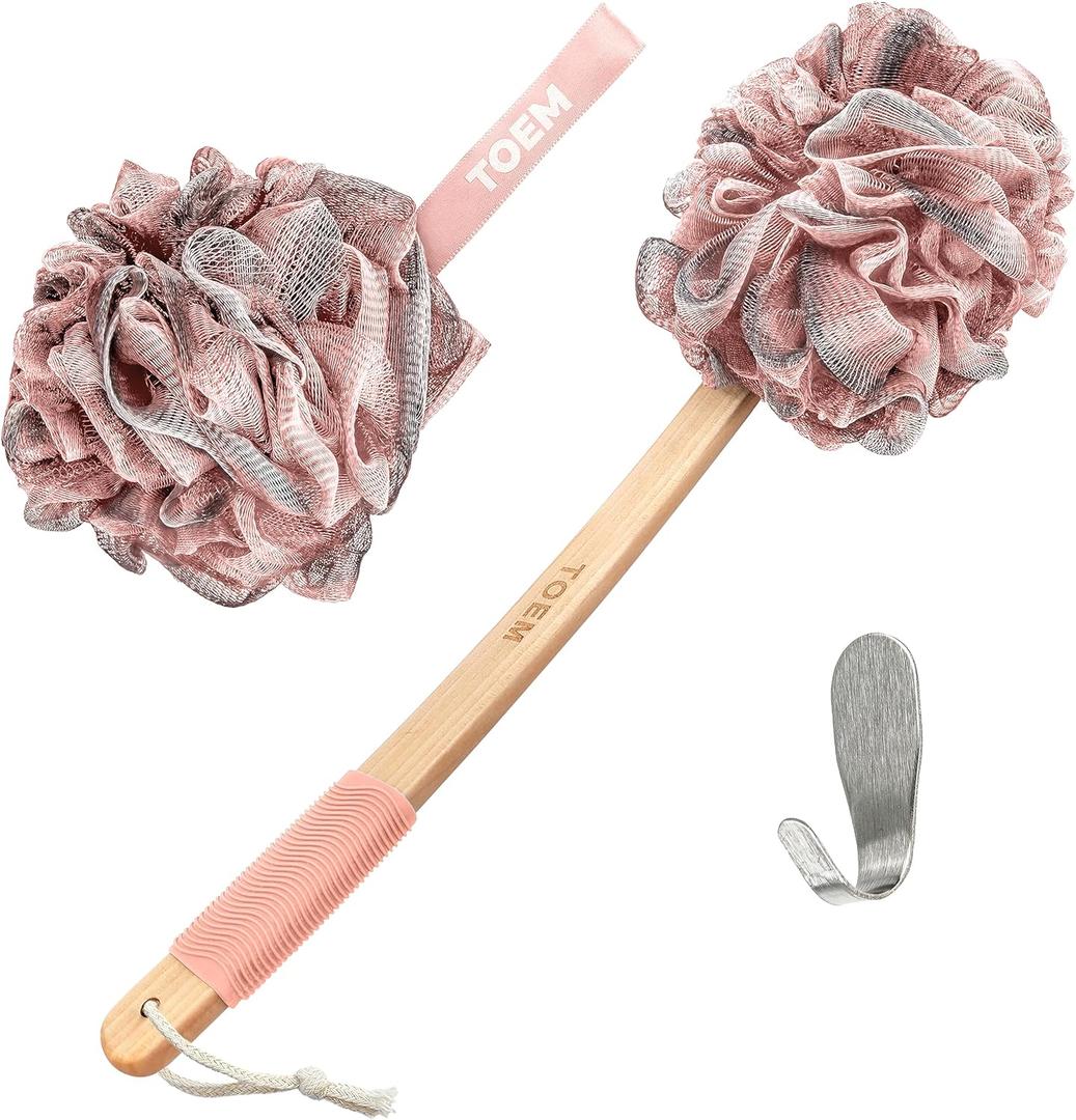 Toem Loofah Back Scrubber for Shower | Bamboo Charcoal Fiber Infused | Loufas for Men & Women | Includes 1 Long Handled Shower Sponge, 1 Bath & Shower Luffa Pouf & 1 Hook to Hang Stuff (Rose Pink)