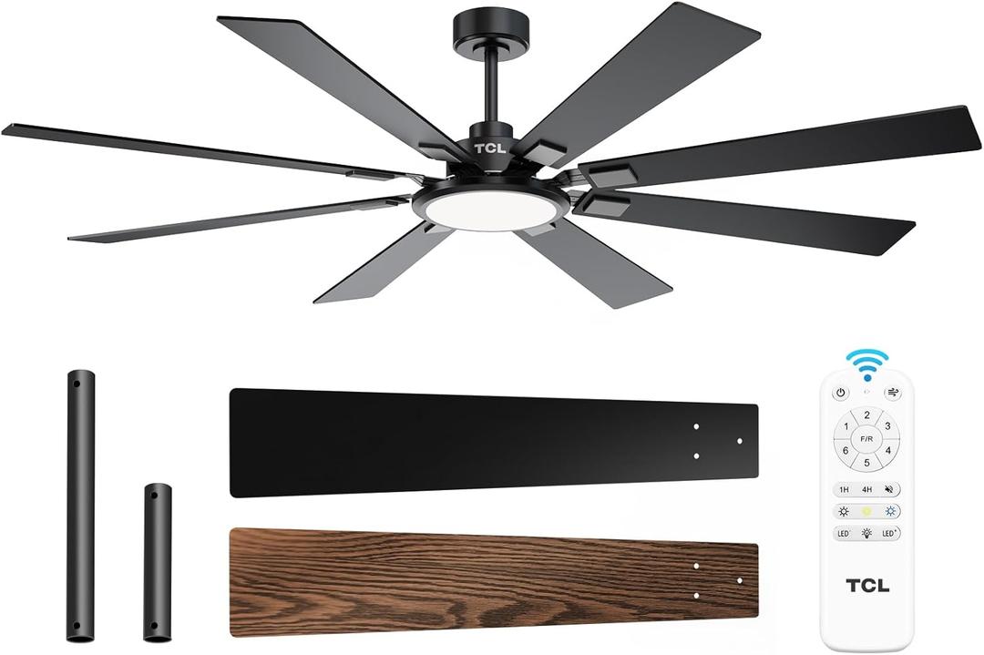 TCL Ceiling Fans with Lights and Remote: 8 Blades, Quiet Reversible DC Motor, Dimmable Super Bright LED, Noiseless Large Modern Fan for Room, Outdoor, Commercial and Industrial Use (Black, 62 Inch)