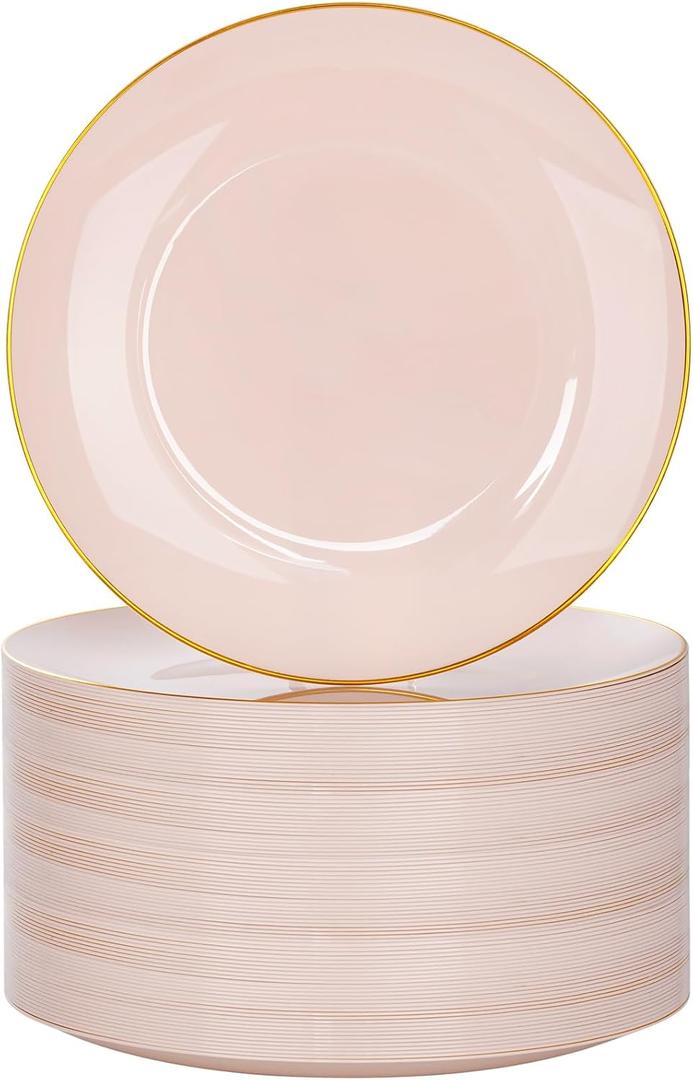 Nervure 100Pieces Pink and Gold Plastic Plates - 7.5inch Disposable Pink Salad/Dessert Plates - Heavy Duty Plastic Plate Ideal for Wedding & Party