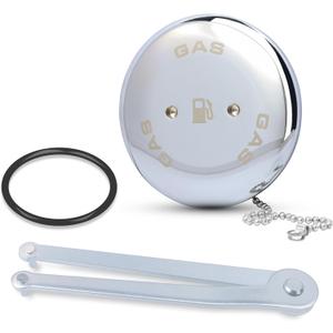 0540DPG99A Boat Gas Cap, Marine Fuel Cap for Perko 1-1/2" Angled Neck Vented Fuel Fills, Chrome Plated Bronze with Chain, O-Ring & Wrench