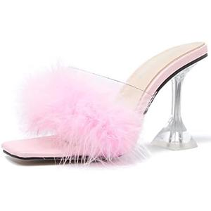Enelauge Women's Square Toe Sandal Fluffy Feather Clear High Heels Sandals Mules Backless Slip On Slipper Dress Shoes, Size 9