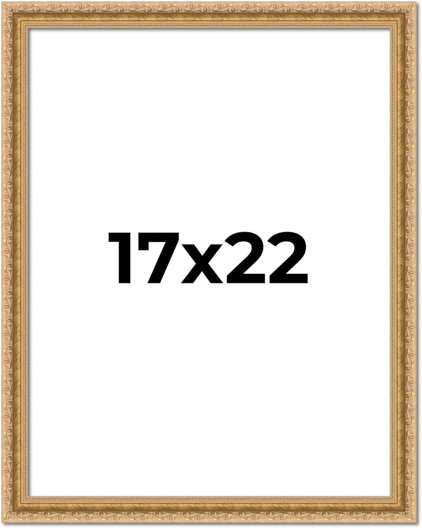 17x22 Frame Gold Ornate Vintage Antique Picture Frame Solid Wood | 1.25 Inch Moulding Width | with UV Acrylic Plexiglass, Foam Board Backing & Hanging Hardware Included