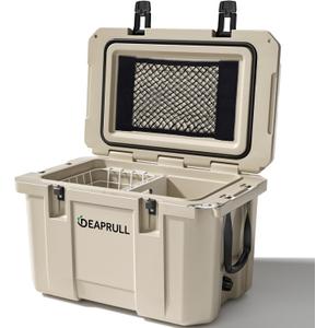 60 Quart Hard Cooler, Insulated Ice Chest Box Holds Ice for up to 6 Days, Portable Cooler with Nylon Rope Handles, Cup Holders, Double Latches for Camping Drink, Beach, Picnic, Fishing, Boat, Barbecue (Khaki)