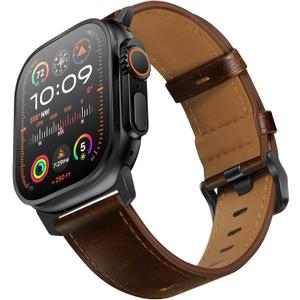 UUPWPOKT Leather Band Compatible with Apple Watch Ultra 3/2/1 Band 49mm 46mm 45mm 44mm 42mm Men, Genuine Leather Strap for iWatch Ultra Series 11 10 9 8 7 6 5 4 3 2 1 SE 3/2/1, Dark Brown/Black
