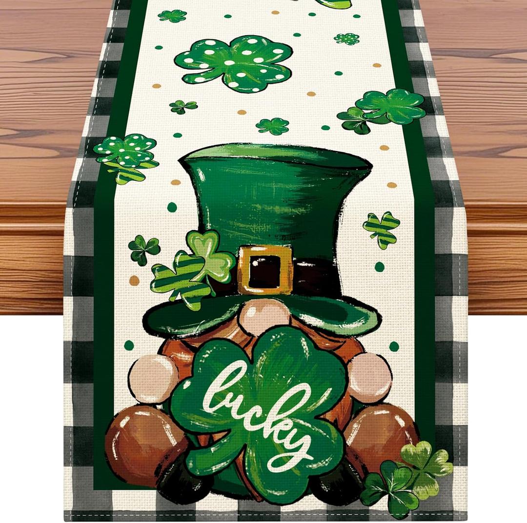 OTOSTAR St.Patrick's Day Table Runner 13x72 Inch, Buffalo Plaid Shamrocks Hat Gnome Spring Holiday Kitchen Dining Lucky Clover Table Decoration for Indoor Outdoor Home Party