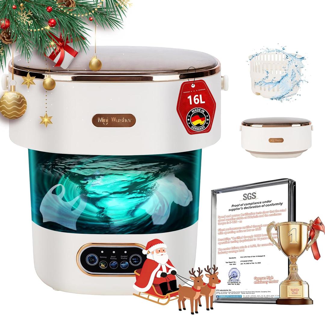 5.0 New Upgraded Portable Washing Machine 16L Mini Foldable Washer [SGS certified German high-efficiency motor] [Hidden UV-C cleaning]Foldable Design Ideal for Hotel, Home, Apartment and Campain (Grey)